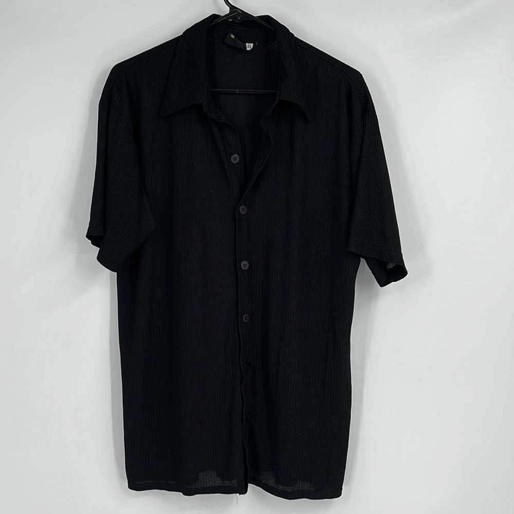 Vintage Positano Charles Lapson Black Knit Mens Button Up Short Sleeve Shirt